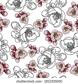 seamless pattern of apricot flowers, a blooming sprig of pink color and an outline drawing of flowering on a white background, vector illustration for design