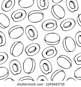 Seamless pattern with apricot hand drawn fruits elements. Vegetarian wallpaper. For design packaging, textile, background, design postcards and posters.