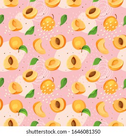 Seamless pattern with apricot, slices, green leaves and abstract element. Vector texture for textile, postcard, packaging. Modern hand drawn stylized apricot fruits background, repeat illustration.