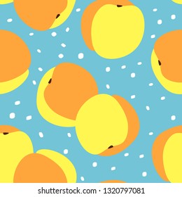 Seamless pattern with apricotes. Bright tasty fruit on a blue background.