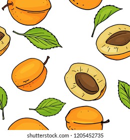 Seamless pattern with apricots. Bright ripe apricots whole and pieces on white background. Colorful vector illustration in sketch style.