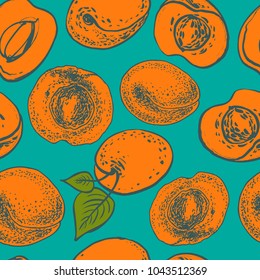 Seamless pattern with apricots. Graphic hand drawn vector illustration.