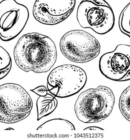 Seamless pattern with apricots. Graphic hand drawn vector illustration.