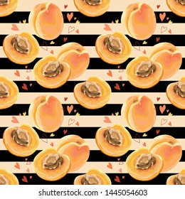 Seamless pattern with apricots. Half a ripe apricot. Fruit background. Vector illustration.