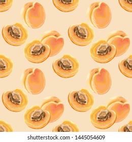 Seamless pattern with apricots. Half a ripe apricot. Fruit background. Vector illustration.