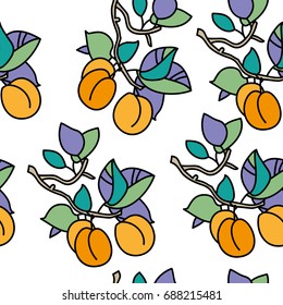 Seamless pattern with apricots on a branch on a white background.