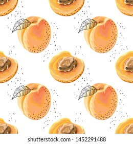 Seamless pattern with apricots on a white background. Orange apricots with leaves and bones. Wallpaper, print, wrapping paper, modern textile design. Vector illustration.