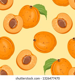 Seamless pattern with apricots on yellow background. Vector illustration of ripe orange fruits and green leaves in cartoon simple flat style.