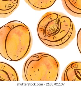 Seamless pattern with apricots, orange watercolor blotches on a white background. Vector. Perfect for design templates, wallpaper, wrapping, fabric and textile.