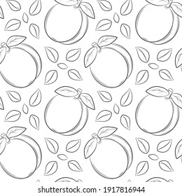 Seamless pattern with apricots, peaches and leaves. Black and white hand-drawn linear elements are isolated on a transparent background. For the design of kitchen accessories and food packaging