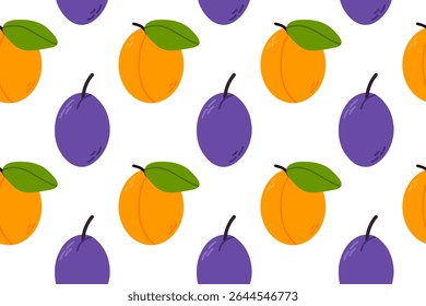 Seamless pattern with apricots and plums in vibrant colors. Ideal for healthy food design, branding, and seasonal packaging