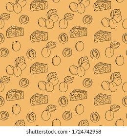 Seamless pattern of apricots, vector illustration, leaves, halves, bones,  piece of apricot pie, hand drawing, beige color