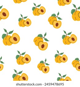Patrón sin costuras con albaricoques. Ilustración vectorial de fruta en estilo plano. Lindo patrón minimalista. Para textiles y embalajes. Fondo blanco aislado.