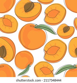 Patrón sin foco de albaricoques enteros y mitades. La mano dibujó frutas y bayas de fondo. Impresión para tela, textiles, papel de envoltura, web. Ilustración del vector