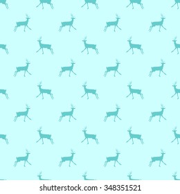 Seamless pattern with aquamarine silhouette of a deer on a light blue background.