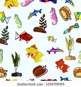 Seamless pattern with aquarium colorful fish, snails and seahorses with seaweed. Hand-drawn vector illustration.