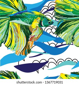 
Seamless pattern with aquarium fish. cockerel fish Bright pattern. Abstract background. Stylish pattern with colored spots.