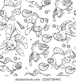 Patrón sin foco con peces acuarios (pez dorado) y conchas. Ilustración vectorial.