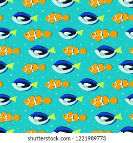 Seamless pattern with aquarium fish. There are blue surgeon fishes and orange clown fishes in the picture. Vector illustration on a turquoise background.