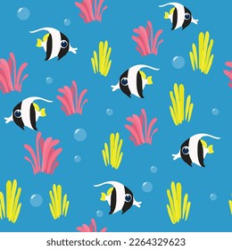 Seamless pattern aquarium or marine fish next to algae. Pattern for textiles in cartoon style.
