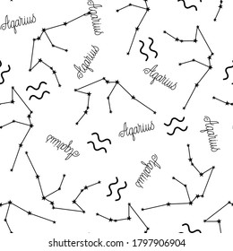 Seamless pattern with Aquarius constellation, handwritten lettering and zodiac sign. For your packaging, fabric and product decoration.