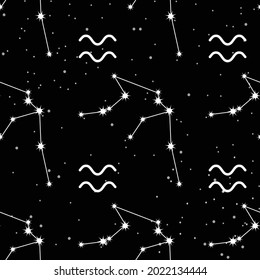 seamless pattern with Aquarius constellation, handwritten lettering and zodiac sign. For your packaging, fabric and product decoration.