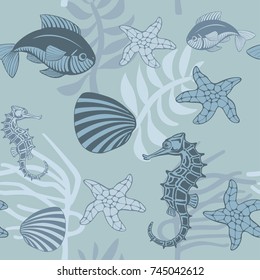 seamless pattern with aquatic animals and plants