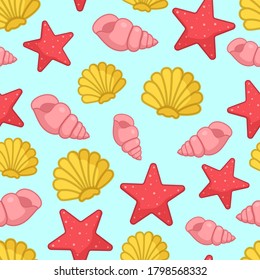 Seamless pattern with aquatic nautical shellfish, coral star, starfish, shell, mollusk, sea or ocean design, symbols, cool design for wrapping, packaging, wrapper, print, tropical concept, marine life
