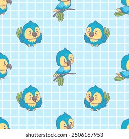 Seamless pattern with Ara parrot on blue checkered background. Funny cartoon kawaii bird character. Vector illustration. Kids collection