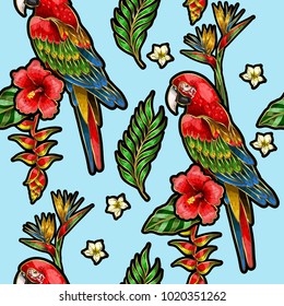 Seamless pattern with ara parrot, palm leaves and hibiscus embroidery. Tropical texture for print.