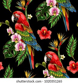 Nahtloses Muster mit ara-Papagei, Palmblättern und Hibiskusstickerie. Tropische Textur für Druck.