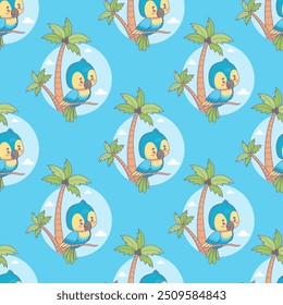 Seamless pattern with Ara parrot with tropical palm trees on blue background. Funny cartoon kawaii bird character. Vector illustration 