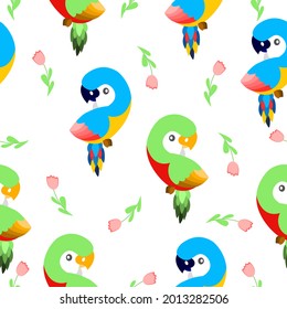 Seamless pattern with ara parrots and pink tulips. Blue, yellow, green, pink, red. White background. Cartoon style. Cute and funny. For kids post cards, stationery, wallpaper, textile, wrapping paper