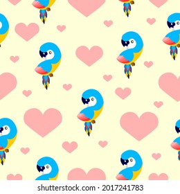 Seamless pattern with ara parrots and pink hearts. Blue, yellow, pink, red. Yellow background. Cartoon style. Cute and funny. For kids post cards, stationery, wallpaper, textile, wrapping paper