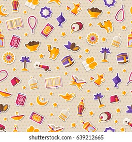 Seamless pattern with arabic flat icons and symbols. Vector illustration. Ramadan Kareem decorations, Eid Mubarak, Koran, traditional lanterns, dates, Iftar food, crescent and stars