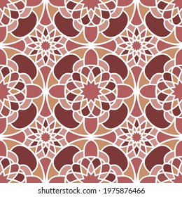 Seamless pattern with arabic geometric ornament. Round Asian mosaic pattern in brown and red.
