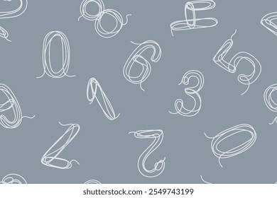 Seamless pattern of Arabic numerals. Chaotic monochrome set of decorative numbers. Icons drawn in one continuous line. Vector illustration white on a gray background