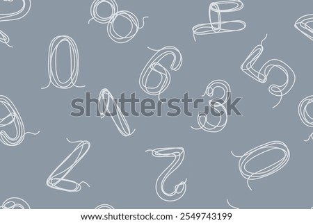 Seamless pattern of Arabic numerals. Chaotic monochrome set of decorative numbers. Icons drawn in one continuous line. Vector illustration white on a gray background