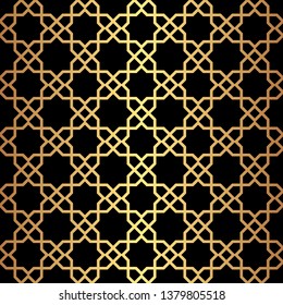 Seamless pattern in arabic style. Black with gold muslim background for ramadan.