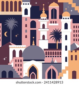 Seamless pattern with Arabic style cityscape, stars, palms and moon. Middle Eastern town pattern. East culture geometric shape background with buildings, architecture, and urban elements.