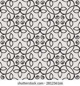 Seamless pattern in arabic style. Intersecting curved elegant lines and scrolls forming abstract floral ornament. Arabesque. Abstract floral ornament on gray background.