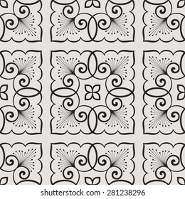 Seamless pattern in arabic style. Intersecting curved elegant lines and scrolls forming abstract floral ornament. Arabesque. Abstract floral ornament on gray background.