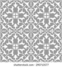 Seamless pattern in Arabic style. Intersecting curved elegant lines and scrolls forming abstract floral ornament on gray background. Arabesque.