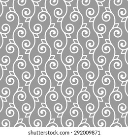Seamless pattern in Arabic style. Intersecting curved elegant lines and scrolls forming abstract floral ornament on gray background. Arabesque.