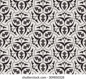 Seamless pattern in Arabic style. Intersecting curved elegant stylized leaves and scrolls forming abstract floral ornament. Arabesque.
