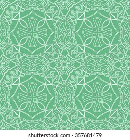 Seamless pattern in arabic style. Intersecting curved elegant lines and scrolls forming abstract floral ornament. Arabesque. green.