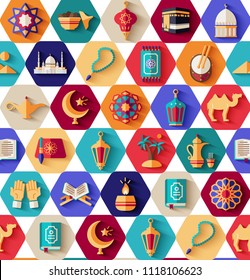 Seamless pattern with arabic symbols in hexagon shapes. Ramadan Kareem wrapping paper design. Vector illustration