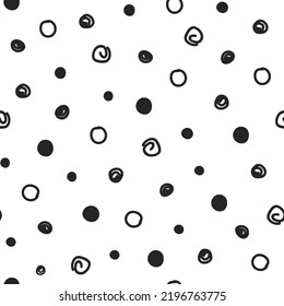 Seamless pattern with arbitrary circles, dots by hand drawing. Abstract simple monochrome print. Vector graphics.