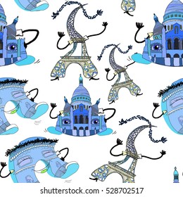 seamless pattern Arc de Triomphe, Cathedral, Eiffel Tower in Paris  cover cartoon-style vector illustration