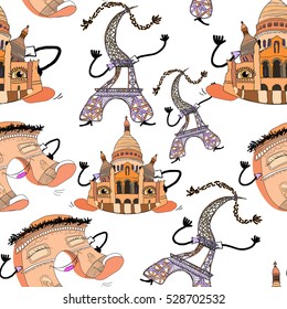 seamless pattern Arc de Triomphe, Cathedral, Eiffel Tower in Paris  cover cartoon-style vector illustration